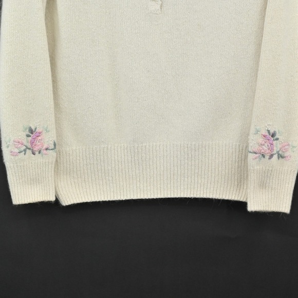 Vtg Granny Core Silk Angora Embroidered Sweater Size‎ L Lambswool Floral Pearl - Picture 9 of 12